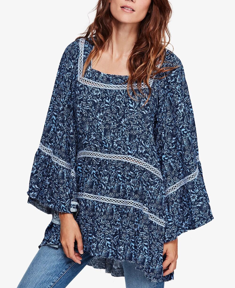Free People Talk About It Tunic Top Blue Floral Crochet Rayon Boho Size XS